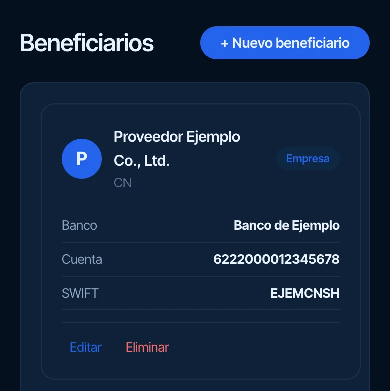 Beneficiarios: proveedores de ejemplo, cada uno con su banco, su cuenta y su código SWIFT