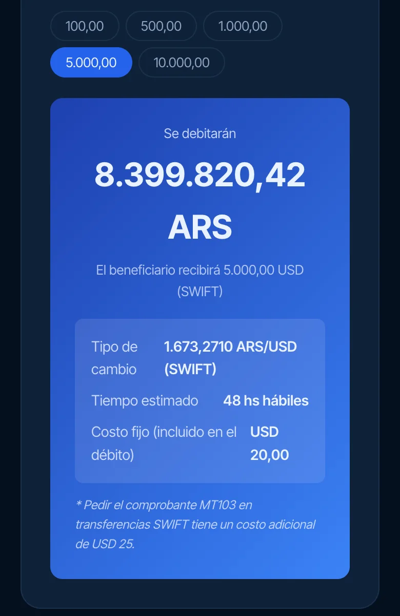 Calculadora: el total en pesos a debitar para que el proveedor reciba 5.000 dólares, con el tipo de cambio, el tiempo estimado y el costo fijo