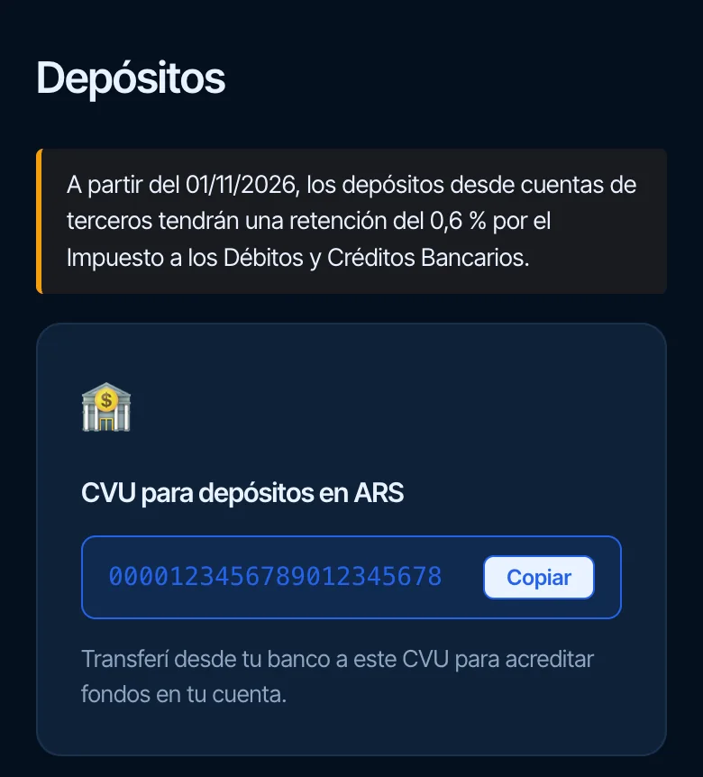 Depositar: el aviso de la retención y el CVU para transferir pesos, con el botón para copiarlo