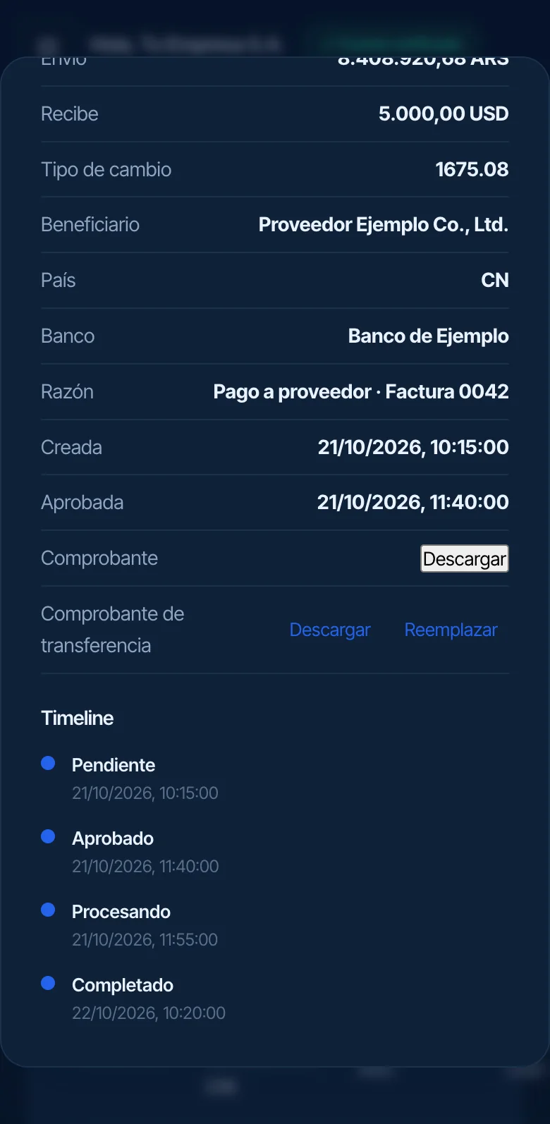 Detalle de un pago completado: montos, tipo de cambio, proveedor, comprobante y la línea de tiempo de Pendiente a Completado