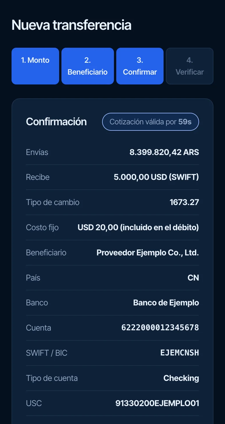 Paso Confirmar: el resumen del pago con lo que se envía, lo que se recibe, el tipo de cambio, el costo fijo y los datos del proveedor