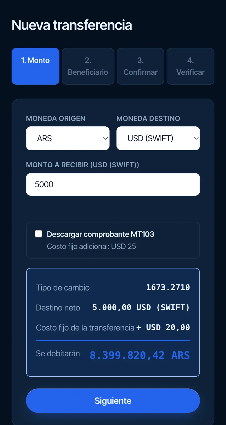 Paso Monto: pesos a dólares por SWIFT, el monto a recibir y el cálculo con el tipo de cambio, el costo fijo y el total a debitar