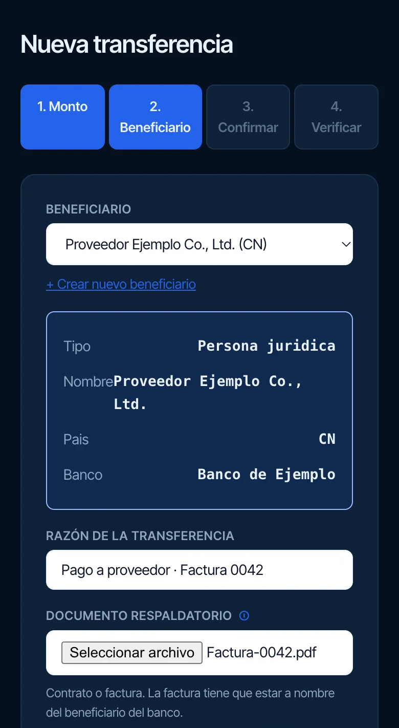 Paso Beneficiario: el proveedor elegido con su país y su banco, el motivo del pago y la factura adjunta