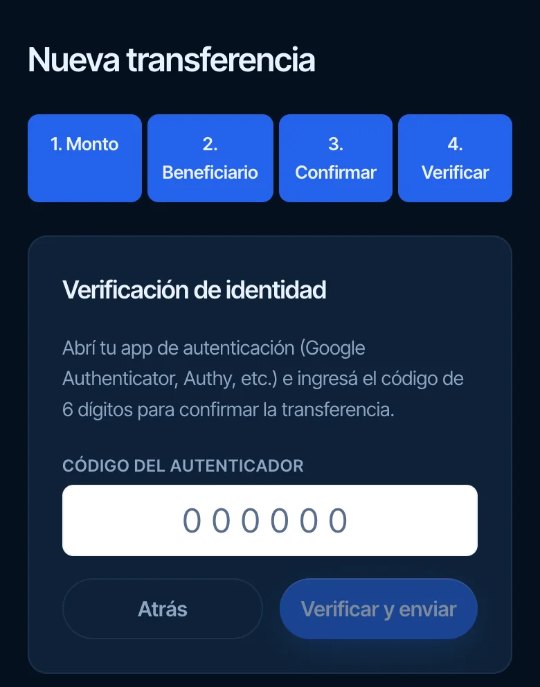 Paso Verificar: el código de 6 dígitos de la app de autenticación para confirmar el pago